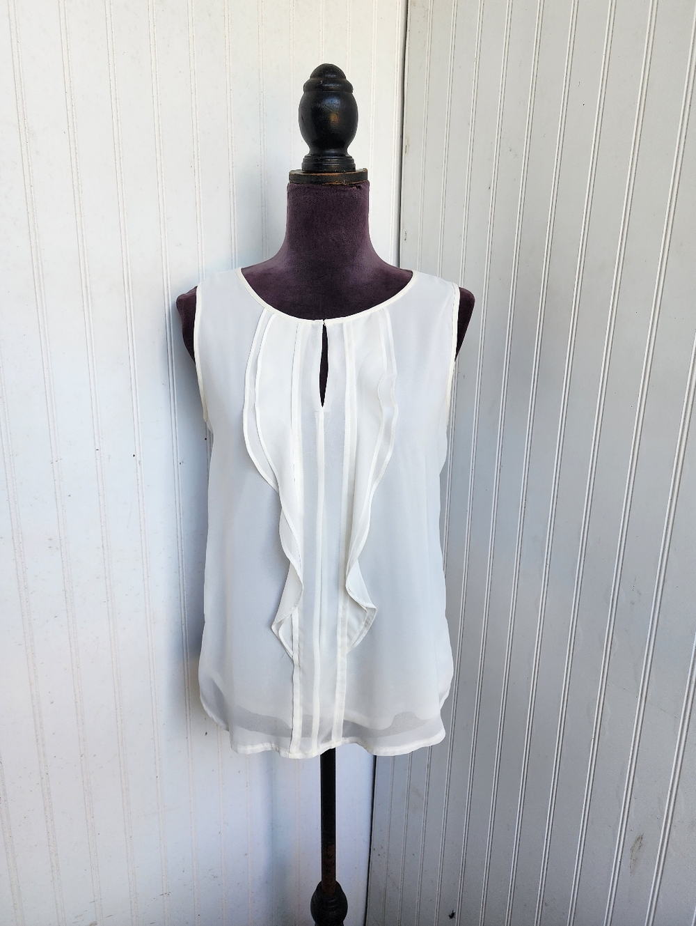 Ann Taylor Loft Cream Sleeveless Blouse Mock Neck Chiffon Stretch Jersey Back S